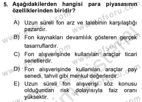 Finansal Kurumlar Dersi 2021 - 2022 Yılı (Vize) Ara Sınavı 5. Soru