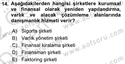 Finansal Kurumlar Dersi 2021 - 2022 Yılı (Final) Dönem Sonu Sınavı 14. Soru