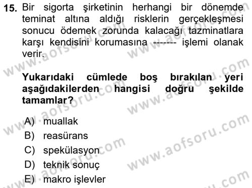 Finansal Kurumlar Dersi 2021 - 2022 Yılı (Final) Dönem Sonu Sınavı 15. Soru