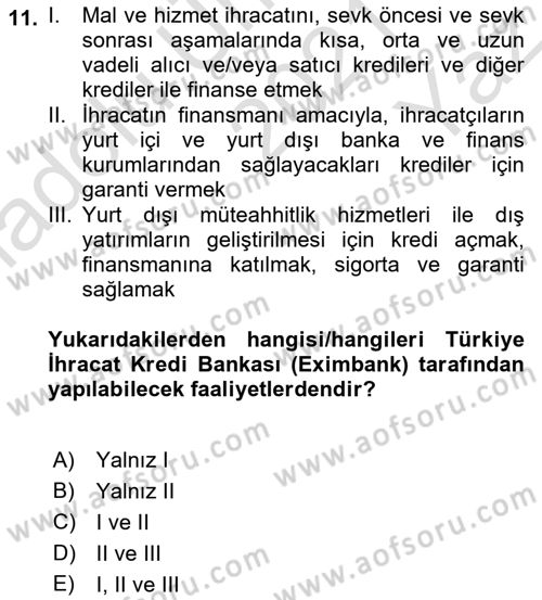 Finansal Kurumlar Dersi 2021 - 2022 Yılı Yaz Okulu Sınavı 11. Soru