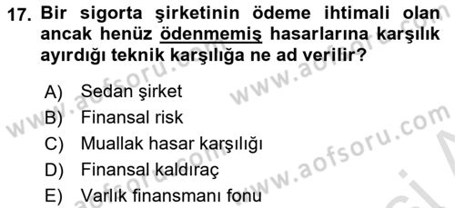 Finansal Kurumlar Dersi 2021 - 2022 Yılı Yaz Okulu Sınavı 17. Soru