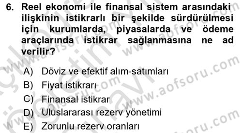 Finansal Kurumlar Dersi 2021 - 2022 Yılı Yaz Okulu Sınavı 6. Soru