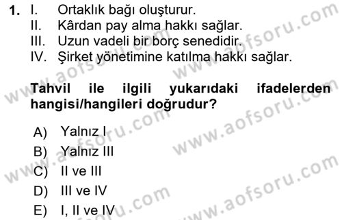 Finansal Kurumlar Dersi 2022 - 2023 Yılı Yaz Okulu Sınavı 1. Soru