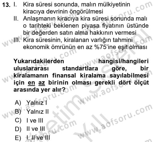 Finansal Kurumlar Dersi 2022 - 2023 Yılı Yaz Okulu Sınavı 13. Soru