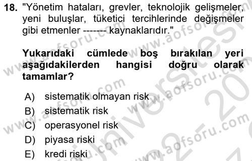 Finansal Kurumlar Dersi 2022 - 2023 Yılı Yaz Okulu Sınavı 18. Soru