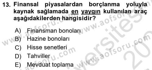 Finansal Kurumlar Dersi 2023 - 2024 Yılı (Vize) Ara Sınav Soruları 13. Soru