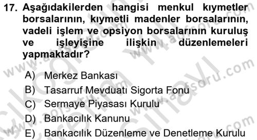 Finansal Kurumlar Dersi 2023 - 2024 Yılı (Vize) Ara Sınav Soruları 17. Soru