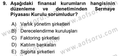 Finansal Kurumlar Dersi 2023 - 2024 Yılı (Vize) Ara Sınav Soruları 9. Soru