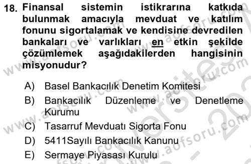 Finansal Kurumlar Dersi 2023 - 2024 Yılı (Final) Dönem Sonu Sınavı 18. Soru