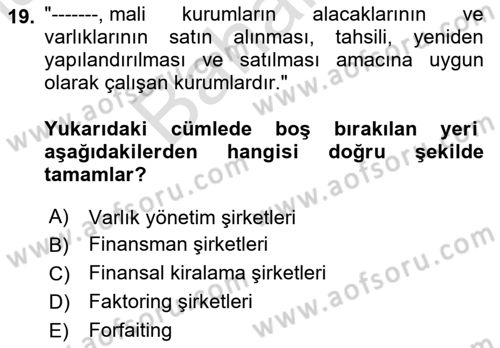 Finansal Kurumlar Dersi 2023 - 2024 Yılı (Final) Dönem Sonu Sınavı 19. Soru