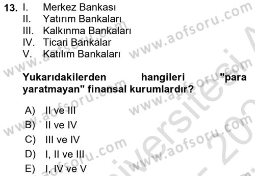 Finansal Kurumlar Dersi 2024 - 2025 Yılı (Vize) Ara Sınav Soruları 13. Soru