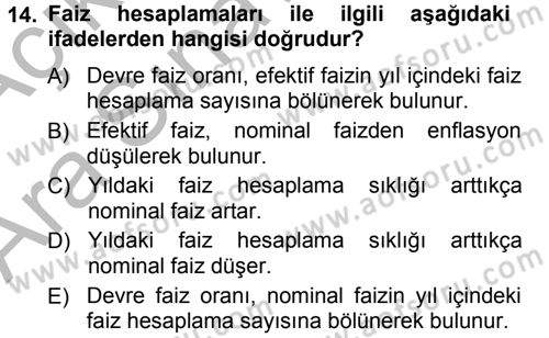 Finansal Yönetim 1 Dersi 2012 - 2013 Yılı (Vize) Ara Sınav Soruları 14. Soru
