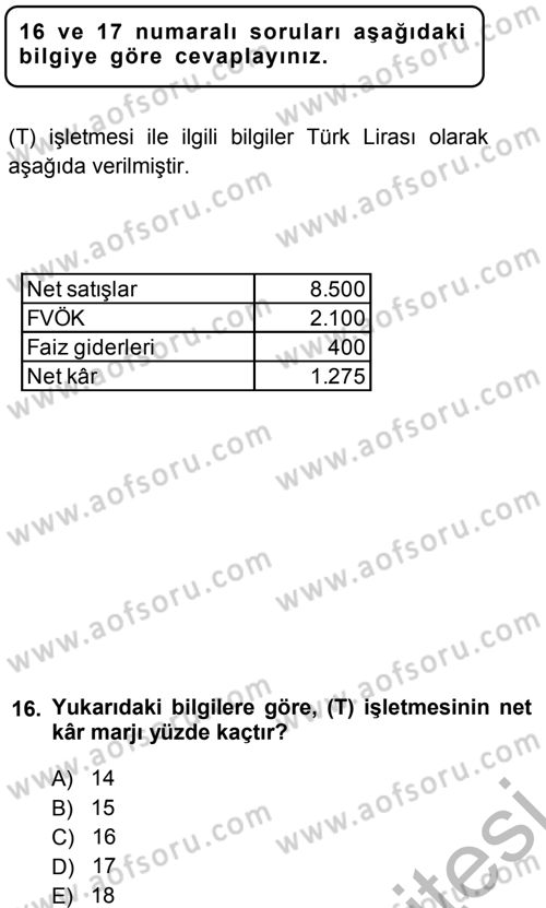 Finansal Yönetim 1 Dersi 2012 - 2013 Yılı (Vize) Ara Sınav Soruları 16. Soru