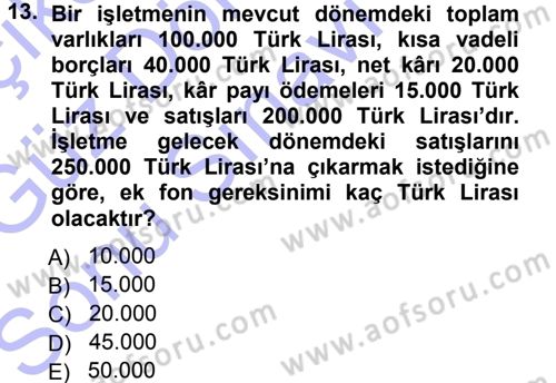 Finansal Yönetim 1 Dersi 2012 - 2013 Yılı (Final) Dönem Sonu Sınavı 13. Soru