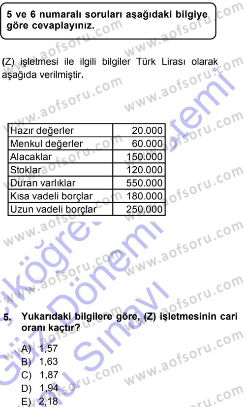 Finansal Yönetim 1 Dersi 2012 - 2013 Yılı (Final) Dönem Sonu Sınavı 5. Soru