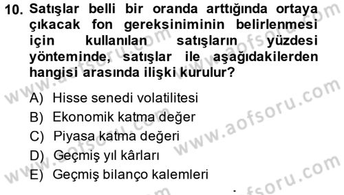 Finansal Yönetim 1 Dersi 2014 - 2015 Yılı (Final) Dönem Sonu Sınavı 10. Soru