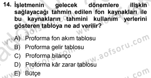 Finansal Yönetim 1 Dersi 2014 - 2015 Yılı Tek Ders Sınavı 14. Soru