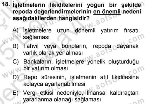 Finansal Yönetim 1 Dersi 2014 - 2015 Yılı Tek Ders Sınavı 18. Soru