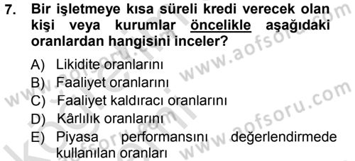 Finansal Yönetim 1 Dersi 2014 - 2015 Yılı Tek Ders Sınavı 7. Soru