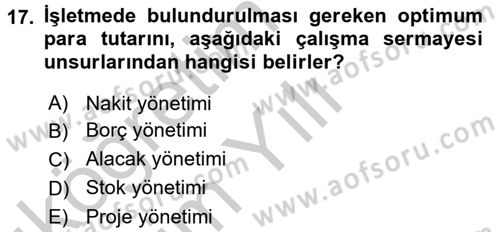 Finansal Yönetim 1 Dersi 2016 - 2017 Yılı 3 Ders Sınavı 17. Soru
