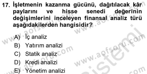 Finansal Yönetim 1 Dersi 2016 - 2017 Yılı (Vize) Ara Sınav Soruları 17. Soru