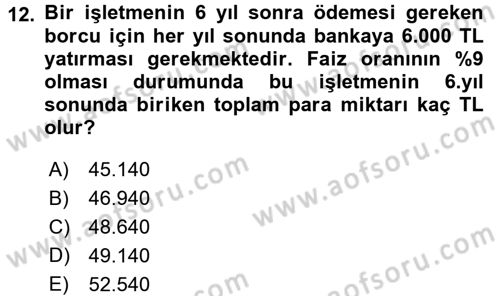 Finansal Yönetim 1 Dersi 2017 - 2018 Yılı (Vize) Ara Sınav Soruları 12. Soru