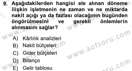 Finansal Yönetim 1 Dersi 2017 - 2018 Yılı (Final) Dönem Sonu Sınavı 9. Soru