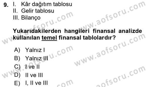 Finansal Yönetim 1 Dersi 2018 - 2019 Yılı 3 Ders Sınavı 9. Soru