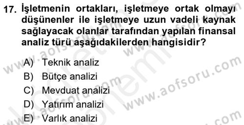 Finansal Yönetim 1 Dersi 2018 - 2019 Yılı (Vize) Ara Sınavı 17. Soru