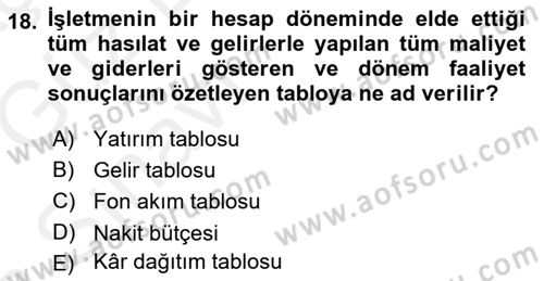 Finansal Yönetim 1 Dersi 2018 - 2019 Yılı (Vize) Ara Sınavı 18. Soru