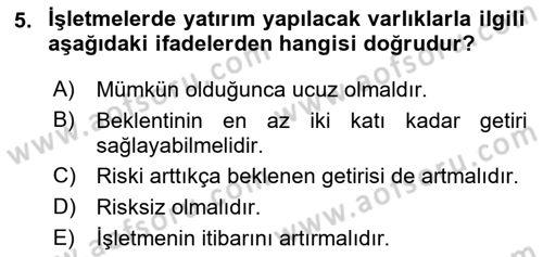 Finansal Yönetim 1 Dersi 2018 - 2019 Yılı (Vize) Ara Sınavı 5. Soru