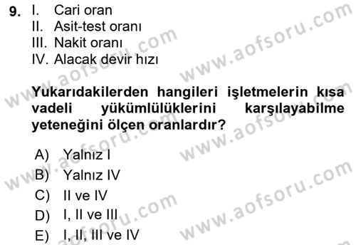 Finansal Yönetim 1 Dersi 2018 - 2019 Yılı Yaz Okulu Sınav Soruları 9. Soru
