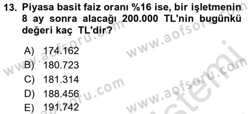 Finansal Yönetim 1 Dersi 2019 - 2020 Yılı (Vize) Ara Sınavı 13. Soru