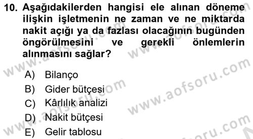 Finansal Yönetim 1 Dersi 2019 - 2020 Yılı (Final) Dönem Sonu Sınavı 10. Soru