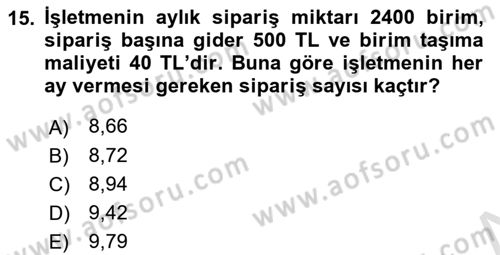 Finansal Yönetim 1 Dersi 2020 - 2021 Yılı Yaz Okulu Sınavı 15. Soru