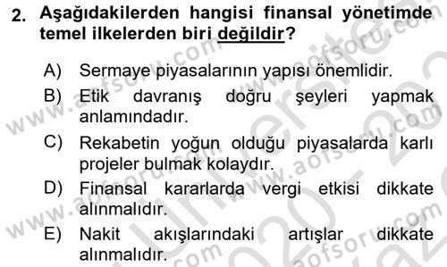 Finansal Yönetim 1 Dersi 2020 - 2021 Yılı Yaz Okulu Sınavı 2. Soru