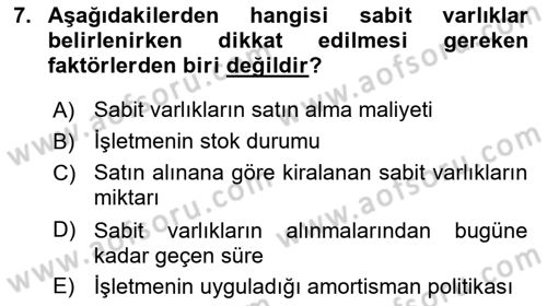 Finansal Yönetim 1 Dersi 2020 - 2021 Yılı Yaz Okulu Sınavı 7. Soru