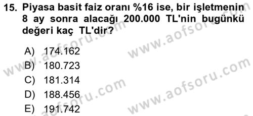 Finansal Yönetim 1 Dersi 2021 - 2022 Yılı (Vize) Ara Sınavı 15. Soru