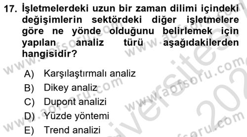 Finansal Yönetim 1 Dersi 2021 - 2022 Yılı (Vize) Ara Sınavı 17. Soru