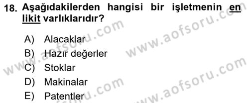 Finansal Yönetim 1 Dersi 2021 - 2022 Yılı (Vize) Ara Sınavı 18. Soru