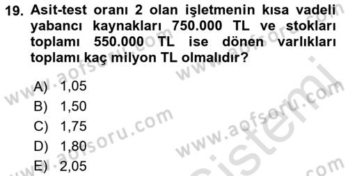 Finansal Yönetim 1 Dersi 2021 - 2022 Yılı (Vize) Ara Sınavı 19. Soru