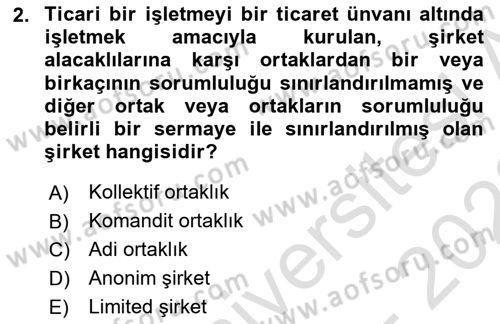 Finansal Yönetim 1 Dersi 2021 - 2022 Yılı (Vize) Ara Sınavı 2. Soru