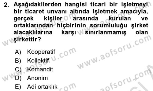 Finansal Yönetim 1 Dersi 2021 - 2022 Yılı Yaz Okulu Sınavı 2. Soru