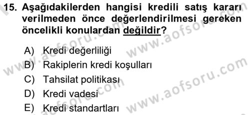 Finansal Yönetim 1 Dersi 2022 - 2023 Yılı (Final) Dönem Sonu Sınavı 15. Soru