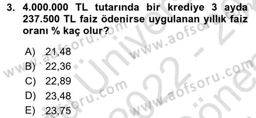 Finansal Yönetim 1 Dersi 2022 - 2023 Yılı (Final) Dönem Sonu Sınavı 3. Soru