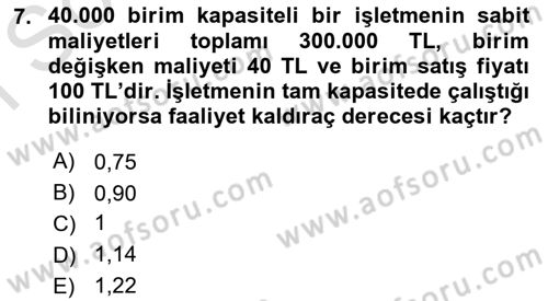 Finansal Yönetim 1 Dersi 2022 - 2023 Yılı (Final) Dönem Sonu Sınavı 7. Soru