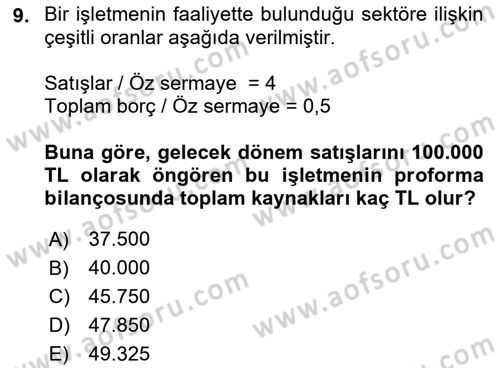 Finansal Yönetim 1 Dersi 2022 - 2023 Yılı (Final) Dönem Sonu Sınavı 9. Soru