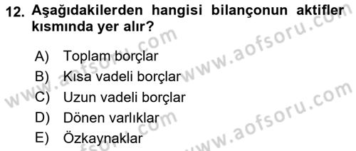 Finansal Yönetim 1 Dersi 2025 - 2026 Yılı (Vize) Ara Sınav Soruları 12. Soru
