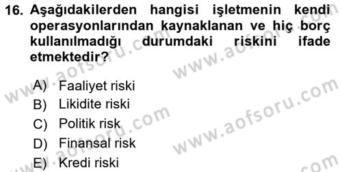 Finansal Yönetim 1 Dersi 2025 - 2026 Yılı (Vize) Ara Sınav Soruları 16. Soru