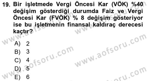 Finansal Yönetim 1 Dersi 2025 - 2026 Yılı (Vize) Ara Sınav Soruları 19. Soru